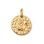 304 Stainless Steel Pendants, Ion Plating(IP), Flat Round with Moon & Star Charm, Textured, with Jump Ring, Real 18K Gold Plated, 15.5x2mm, Hole: 5x2.5mm(X1-STAS-Z157-04G)
