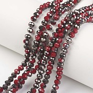 Electroplate Opaque Glass Beads Strands, Half Black Plated, Faceted, Rondelle, Dark Red, 4x3mm, Hole: 0.4mm, about 123~127pcs/strand, 16.5~16.9 inch(42~43cm)(EGLA-A034-P4mm-P16)