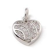 Brass Micro Pave Clear Cubic Zirconia Heart Charms, with Open Jump Rings, Platinum, 10x9.5x2.5mm, Jump Ring: 4.5x0.7mm, Inner Diameter: 3mm (ZIRC-F132-58P)