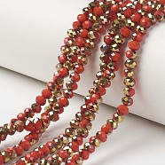 Electroplate Opaque Glass Beads Strands, Half Golden Plated, Faceted, Rondelle, Red, 4x3mm, Hole: 0.4mm, about 130pcs/strand, 16.54 inch(42cm)(EGLA-A034-P4mm-O07)