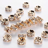Brass Rhinestone Spacer Beads, Grade AAA, Straight Flange, Nickel Free, Light Gold Metal Color, Rondelle, Crystal, 8x3.8mm, Hole: 1.5mm(RB-A014-Z8mm-01LG-NF)