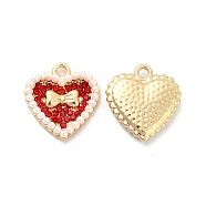 Alloy Rhinestone Pendants, with ABS Plastic Imitation Pearl Bead, Golden Tone Heart with Bowknot Charms, Light Siam, 17x16x3mm, Hole: 1.8mm(ALRI-E006-02LG-01)