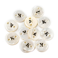 Freshwater Shell Buttons, Flat Round , Letter K, 12x2mm, Hole: 1.6mm(BUTT-Z001-01K)