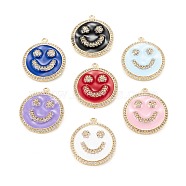 Brass Micro Pave Clear Cubic Zirconia Pendants, with Enamel, Long-Lasting, Flat Round & Smiling Face, Real 18K Gold Plated, Mixed Color, 29x26x4mm, Hole: 1.6mm(KK-K255-09G)