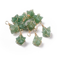 Natural Green Aventurine Copper Wire Wrapped Pendants, Merkaba Star Charms, Golden, 26~31x20~21x13~15mm, Hole: 5~5.5mm(G-B041-02G-10)