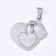 201 Stainless Steel Split Pendants, for Lovers, Heart with Heart, with Word Love, For Valentine's Day, Stainless Steel Color, 27.5x29.5x1mm, Hole: 8x4mm(STAS-T048-27)