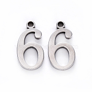 201 Stainless Steel Charms, Number, Laser Cut, Stainless Steel Color, Num.6, 15x8x1.5mm, Hole: 1.5mm(X-STAS-R108-06)
