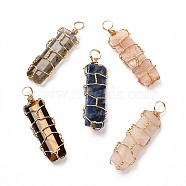 Natural Mixed Gemstone Pendants, with Real 18K Gold Plated Eco-Friendly Copper Wire, Rectangle, 33x10x5~6mm, Hole: 4mm(PALLOY-JF00915)
