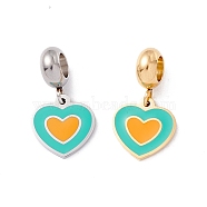 304 Stainless Steel European Dangle Charms, Large Hole Pendants, with Enamel, Golden & Stainless Steel Color, Heart, Turquoise, 21mm, Hole: 4.5mm(STAS-I192-15-01)
