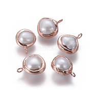 Natural Cultured Freshwater Pearl Pendants, with Brass Findings, Nuggets, White, Rose Gold, 17~18.5x13~15x8~9.5mm, Hole: 2.5mm(PEAR-F011-55RG)