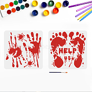US 1 Set Halloween PET Hollow Out Drawing Painting Stencils, with 1Pc Art Paint Brushes, for Acrylic Painting Watercolor Oil Gouache, Bloody Hand & Footprint, Halloween Themed Pattern, Painting Stencils: 300x300mm, 2 styles, 1pc/style(DIY-MA0001-42B)