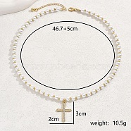 Fashionable Zinc Alloy Cross Pendant Necklaces, Imitation Pearl Beaded Necklaces for Women, Golden, White, 18.39 inch(46.7cm)(YS5782-1)