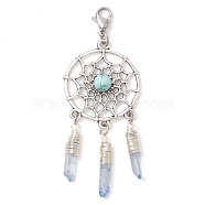 Alloy Woven Net/Web with Synthetic Turquoise Pendants Decorations, Wire Wrapped Natural Quartz Crystal Charm Ornaments, 80x28mm(HJEW-TA00194-02)