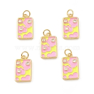 Eco-Friendly Brass Micro Pave Clear Cubic Zirconia Pendants, with Enamel and Jump Ring, Lead Free & Cadmium Free, Rectangle with Flower, Real 18K Gold Plated, Pink, 18x10.5x2mm, Hole: 3.5mm(KK-I698-08A)