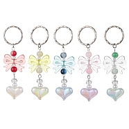Acrylic Heart with Bowknot Keychains, with Glass Beads and Iron Keychain Clasp, Mixed Color, 9.4cm(KEYC-JKC00612)