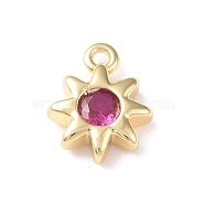 Brass Charms, with Glass, Sun Charm, Real 18K Gold Plated, Medium Violet Red, 8.5x7x2mm, Hole: 0.9mm(KK-I702-25A)
