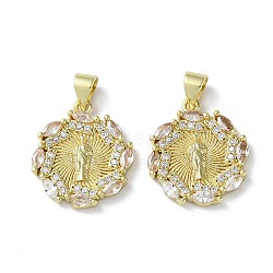 Rack Plating Brass Cubic Zirconia Pendants, Lead Free & Cadmium Free, Flat Round, Real 18K Gold Plated, 19x17x2.5mm, Hole: 5x3.5mm(KK-M272-03G)