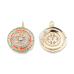 Brass Pave Colorful Cubic Zirconia Pendants, with Jump Rings and Enamel, Cadmium Free & Nickel Free & Lead Free, Flat Round with Sun, Real 18K Gold Plated, 24x22x3mm, Jump Ring: 5x1mm, 3mm inner diameter(KK-N232-461)