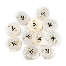 Freshwater Shell Buttons, Flat Round , Letter K, 12x2mm, Hole: 1.6mm(BUTT-Z001-01K)