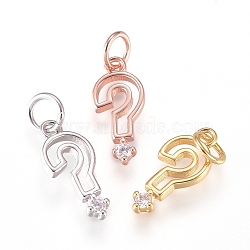 Brass Punctuation Charms, with Micro Pave Cubic Zirconia and Jump Rings, Question Mark, Clear, Mixed Color, 11x5x1.5mm, Hole: 2.6mm(ZIRC-L070-84)