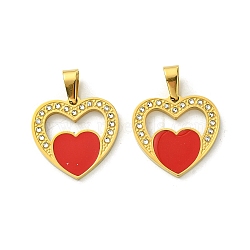Ion Plating(IP) 304 Stainless Steel Pendants, with Enamel and Rhinestone, Real 18K Gold Plated, Heart Charm, Red, 21x21x2mm, Hole: 6.5x4mm(STAS-C101-07G)