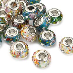 Handmade Lampwork European Beads, with Rhinestone, Large Hole Rondelle Beads, with Platinum Tone Brass Double Cores, Rondelle, Mixed Color, 14.5x9mm, Hole: 4.5mm(LPDL-T001-05)