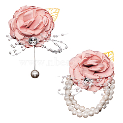 Silk Cloth Imitation Flower Wrist, with Imitation Pearl Stretch Bracelets, for Wedding, Party Decorations, Pink, 75~110x65~75x31~34mm(AJEW-WH0285-18C)