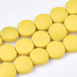 Spray Painted Non-magnetic Synthetic Hematite Beads Strands, Flat Round, Yellow, 8.5x4mm, Hole: 1mm, about 48pcs/strand, 15.7 inch(G-T116-02-24)