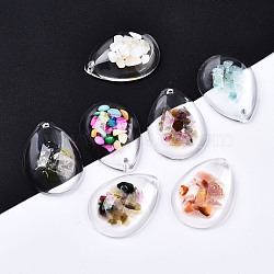 Transparent Glass Pendants, with Shell & Gemstone Chip Beads inside and Epoxy Resin Bottom, Teardrop, Mixed Color, 35x25.5x10mm, Hole: 1.8mm(GGLA-S036-02)