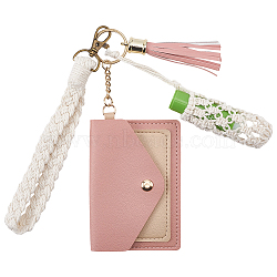 DIY Keychain Kits, including PU Leather Photocard Sleeve Keychains, Cotton Macrame Pouch Pendant Decorations, Cotton Cord Knitted Pendant Decorations & PU Imitation Leather Tassel Pendants, Pink, 175mm, Bag: 109x78x5mm, 1pc(AJEW-CL0002-85B)