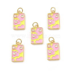 Eco-Friendly Brass Micro Pave Clear Cubic Zirconia Pendants, with Enamel and Jump Ring, Lead Free & Cadmium Free, Rectangle with Flower, Real 18K Gold Plated, Pink, 18x10.5x2mm, Hole: 3.5mm(KK-I698-08A)