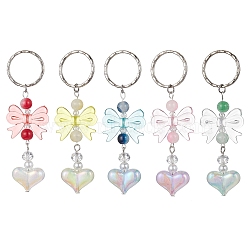 Acrylic Heart with Bowknot Keychains, with Glass Beads and Iron Keychain Clasp, Mixed Color, 9.4cm(KEYC-JKC00612)