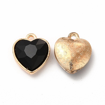 Faceted Glass Rhinestone Pendants, with Golden Tone Zinc Alloy Findings, Heart Charms, Black, 16.5x14x6.5mm, Hole: 1.6mm
