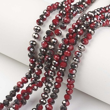 Electroplate Opaque Glass Beads Strands, Half Black Plated, Faceted, Rondelle, Dark Red, 4x3mm, Hole: 0.4mm, about 123~127pcs/strand, 16.5~16.9 inch(42~43cm)