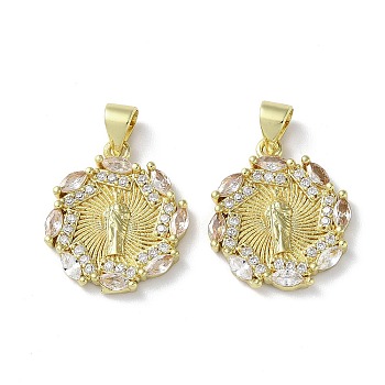 Rack Plating Brass Cubic Zirconia Pendants, Lead Free & Cadmium Free, Flat Round, Real 18K Gold Plated, 19x17x2.5mm, Hole: 5x3.5mm