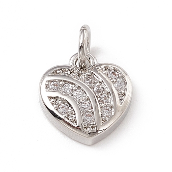 Brass Micro Pave Clear Cubic Zirconia Heart Charms, with Open Jump Rings, Platinum, 10x9.5x2.5mm, Jump Ring: 4.5x0.7mm, Inner Diameter: 3mm 
