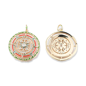 Brass Pave Colorful Cubic Zirconia Pendants, with Jump Rings and Enamel, Cadmium Free & Nickel Free & Lead Free, Flat Round with Sun, Real 18K Gold Plated, 24x22x3mm, Jump Ring: 5x1mm, 3mm inner diameter