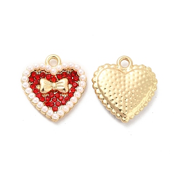 Alloy Rhinestone Pendants, with ABS Plastic Imitation Pearl Bead, Golden Tone Heart with Bowknot Charms, Light Siam, 17x16x3mm, Hole: 1.8mm