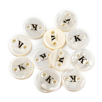Freshwater Shell Buttons, Flat Round , Letter K, 12x2mm, Hole: 1.6mm