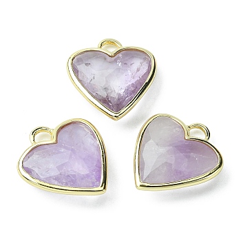Natural Amethyst Pendants, Faceted Heart Charms, with Rack Plating Light Gold Plated Brass Edge, 23x20x7mm, Hole: 4x4mm