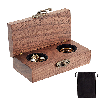 2-Slot Rectangle Wood Couple Ring Display Boxs, Finger Ring Organizer Holder with Sponge Inside, with Velvet Bag, Sienna, 10x5.8x3.25cm