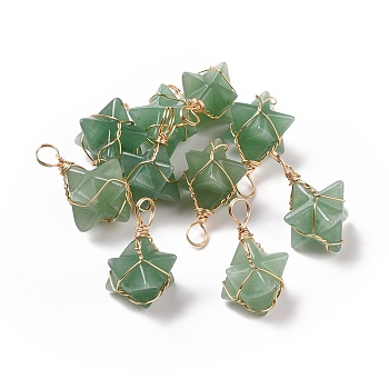 Natural Green Aventurine Copper Wire Wrapped Pendants, Merkaba Star Charms, Golden, 26~31x20~21x13~15mm, Hole: 5~5.5mm