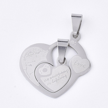 201 Stainless Steel Split Pendants, for Lovers, Heart with Heart, with Word Love, For Valentine's Day, Stainless Steel Color, 27.5x29.5x1mm, Hole: 8x4mm