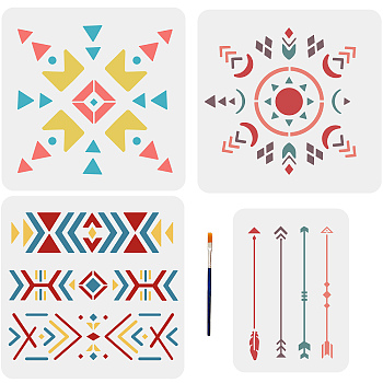 MAYJOYDIY US 1 Set Bohemian Tile PET Hollow Out Drawing Painting Stencils, for DIY Scrapbook, Photo Album, with 1Pc Art Paint Brushes, Arrow, 297~300x210~300mm, 4pcs/set