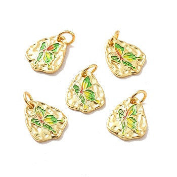 Rack Plating Brass Pendants, Cadmium Free & Lead Free & Nickle Free, with Enamel and Jump Ring, Nuggets with Butterfly, Real 18K Gold Plated, 12.8x10.7x1.4mm, Jump Ring: 5x0.8mm, Inner Diameter: 3.2mm