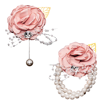 Silk Cloth Imitation Flower Wrist, with Imitation Pearl Stretch Bracelets, for Wedding, Party Decorations, Pink, 75~110x65~75x31~34mm