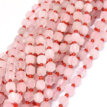 Natural Rose Quartz Beads Strands, with Seed Beads, Faceted, Bicone, Double Terminated Point Prism Beads, 6~7x6~7mm, Hole: 0.8mm, about 43pcs/strand, 15.55 inch(39.5cm)