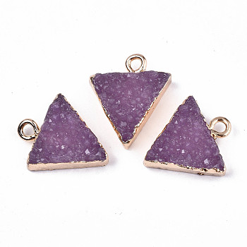 Druzy Resin Pendants, with Edge Light Gold Plated Iron Loops, Triangle, Old Rose, 17~18x15.5x6mm, Hole: 1.8mm