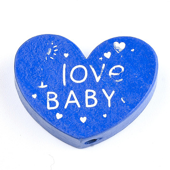 Natural Wood Beads, Dyed, Heart with Word I Love Baby, For Valentine's Day, Blue, 23x29x7mm, Hole: 2.5mm