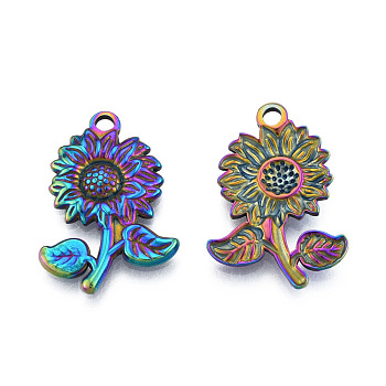 Ion Plating(IP) 201 Stainless Steel Pendants, Sunflower, Rainbow Color, 26x18x2.5mm, Hole: 2mm